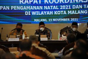 Wali Kota Malang, Drs H., Sutiaji saat memberikan sambutan dalam giat Rapat Kordinasi Pengamanan Natal 2021 dan Tahun Baru 2022