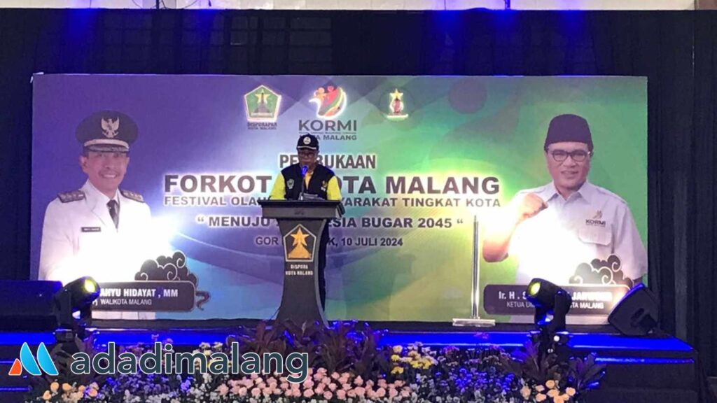 Ketua KORMI Kota Malang, Ir. H.Sofyan Edi Jarwoko saat memberikan laporan dalam pelaksanaan kegiatan FORKOT I Kota Malang tahun 2024 (Foto : Agus Yuwono)