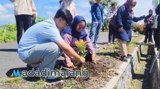 Mahasiswa jenjang Magister di kampus STIE Malangkuçeçwara yakni Budi Cahyono dan Ayu Puspita Sari saat menanam bibit ppohon di desa Pandangajeng Sabtu lalu (Foto : Agus Yuwono)