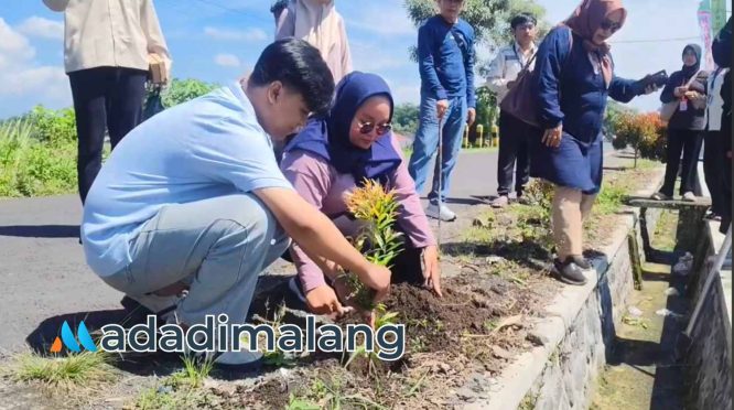 Mahasiswa jenjang Magister di kampus STIE Malangkuçeçwara yakni Budi Cahyono dan Ayu Puspita Sari saat menanam bibit ppohon di desa Pandangajeng Sabtu lalu (Foto : Agus Yuwono)