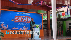 Wali Kota Malang, Dr. Ir. Wahyu Hidayat, MM., saat memberikan sambutan sosialisasi dan simulasi Sekolah Aman Bencana. (Foto : Fatma AdaDiMalang).